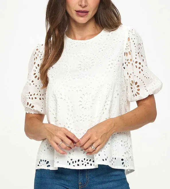top West K Women's Astrid Puff Sleeve Eyelet Lace Blouse West K $52
