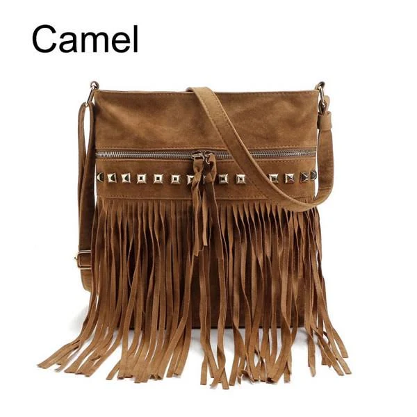 bag Women Faux Suede Crossbody Shoulder Bag Fringe Weave Tassel Messenger Handbag- Camel Jane.com $30.33