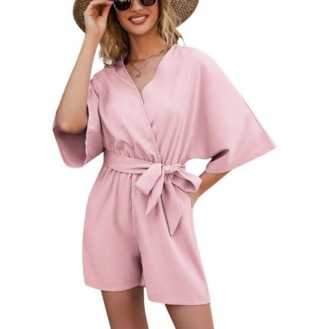 romper Women Short Rompers V Neck Short Sleeve Belted Waist Tie Jumpsuits, Women's, Size: XXL, Pink Kohl's $27.99
