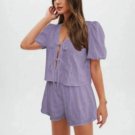 matching set Women's 2 Piece Puff Short Sleeve V Neck Crop Top and Shorts Set Walmart - Jewelreauty Clothes $7.18