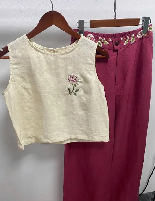 matching set Women's Boho Hand Embroidered Linen Top & Pants Set Etsy - MyAnAtelierVN $325