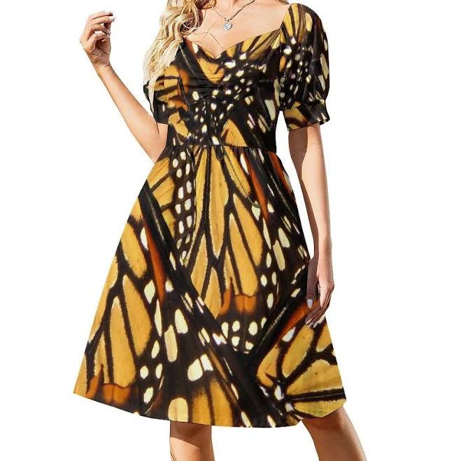 dress Women's Boho High Waist Flared Puff Sleeve Monarch Butterfly Midi Dress Neewho $37
