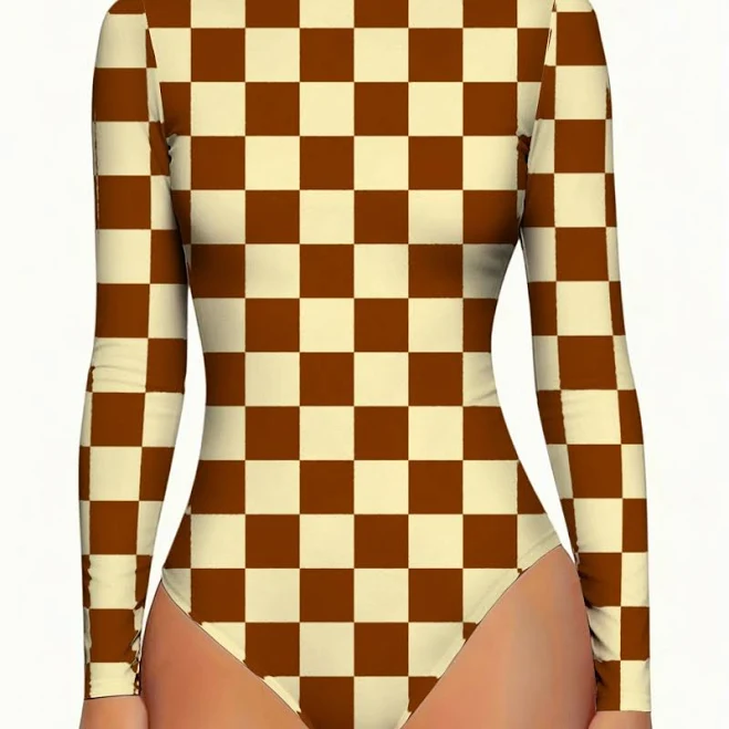 bodysuit Women's Checkered Long Sleeve Bodysuit Temu $15.48