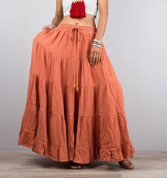 skirt Women's Double Cotton Gauze Tiered Peasant Maxi Skirt with Pockets Etsy - Nuichan $99
