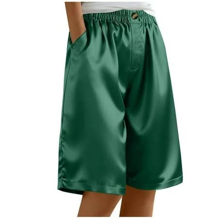 shorts Women's Dressy Casual Satin Silky High Waist Straight Wide Leg Shorts with Pockets Walmart - Kvture $13.1