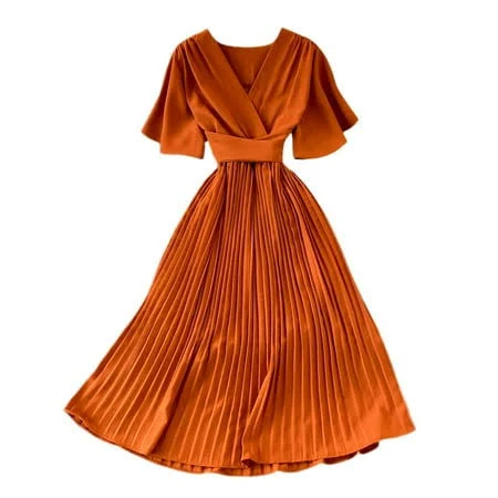dress Women's Faux Wrap V Neck Flutter Sleeve Pleated Midi Flowy Dress Walmart - YM YOUMU $28.99