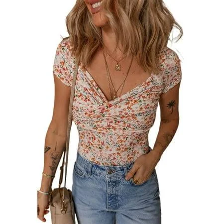 bodysuit Women's Floral Print Sweetheart Neckline Ruched Bodysuit Walmart - Feminine Charm $24.66