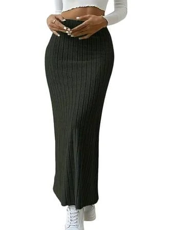 maxi skirt Women's High-Waisted Split Ribbed Knit Maxi Skirt with Side Slit Walmart - heimeicafe $21.43