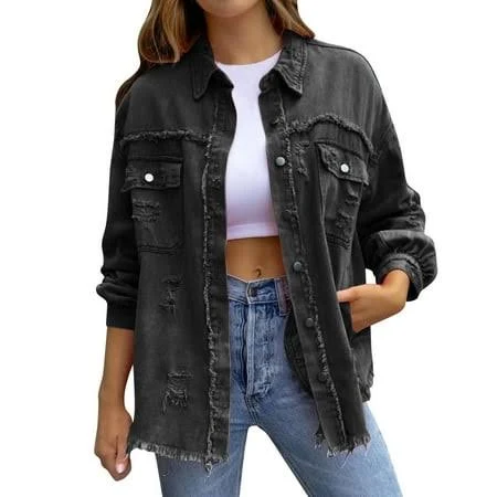 outerwear Women's Oversized Ripped Distressed Denim Jacket Walmart - JIRNDf $35.59