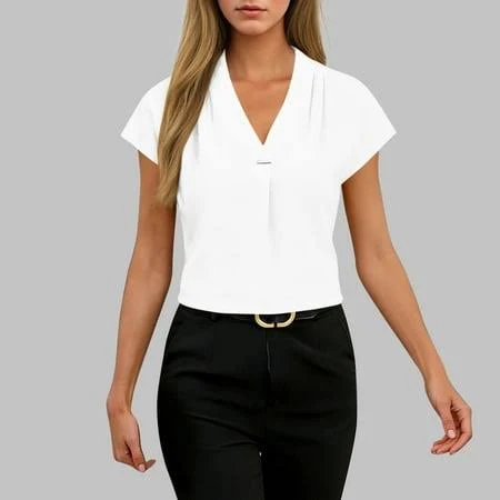 top Women's Poplin V-Neck Short Sleeve Blouse Walmart - MfjkHHW $8.99