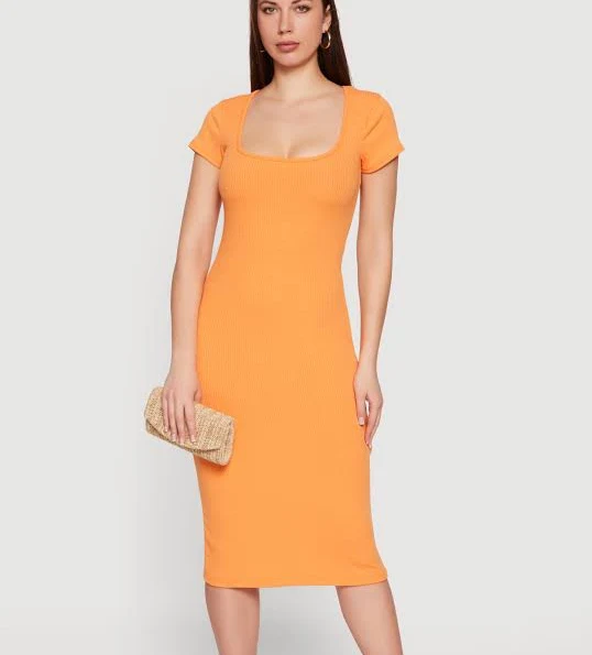 bodycon dress Women's Rib Knit Short Sleeve Square Neck Midi Dress Rainbow Shops $11.99