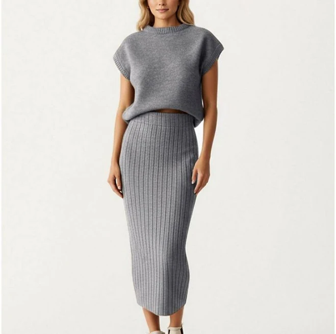 matching_set Women's Ribbed Knit Sleeveless Top and Matching High Waist Midi Skirt Set with Soft Textured Finish Kohl's $61