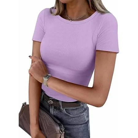 top Women's Ribbed Knit Slim Fitted Crewneck Short Sleeve Shirt Walmart - ANRABESS FASHION $17.69