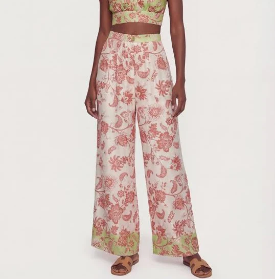 wide leg pants Womens Satin Floral Print High Waist Wide Leg Pants, Green-Rust, Size M - Rainbow Shops Rainbow Shops $15.97