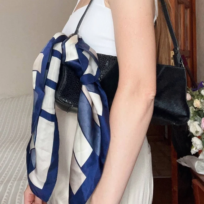 accessory Women's Silk Scarf 53 Cm 21" Navy Beige Cream Geometric Square Pattern eBay $13.7