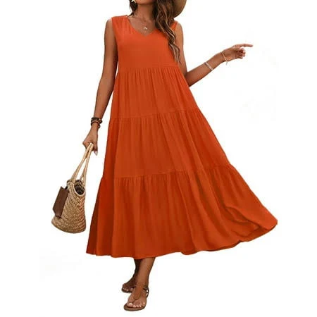 dress Womens Summer Dresses Sleeveless Maxi Dress V-Neck Casual Flowy Tiered Sundresses Orange Color M, Women's, Size: Medium Walmart - queenaa $24.17