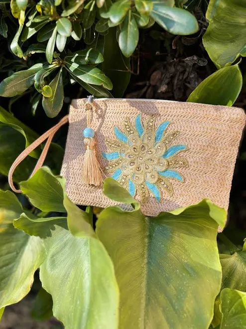 bag Woven Straw Clutch with Flower Embroidery and Beaded Tassel Wristlet Etsy - Seller $30