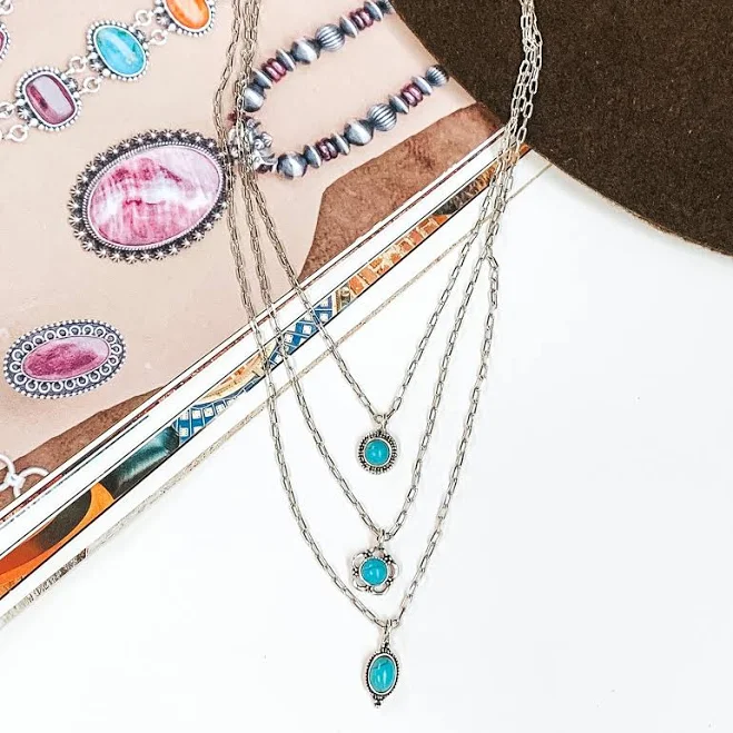 accessory Yours For The Weekend Three Layered Silver Necklace with Turquoise Stone Pendants Giddy Up Glamour Boutique $24.95