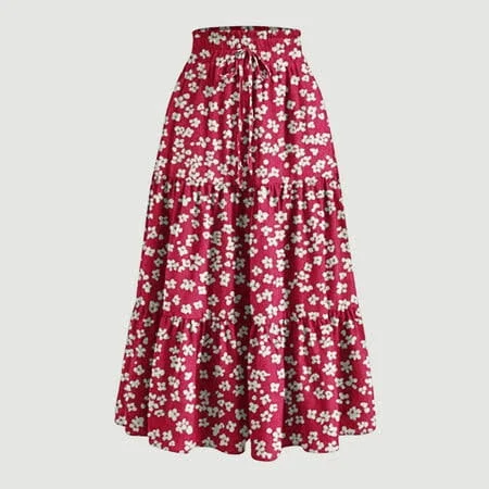 skirt Yutk Maxi Skirts for Women Boho Floral Print Tiered Flowy Skirt Vacation Elastic Drawstring Waist A Line Pleated Skirt Walmart - YUTK $8.14