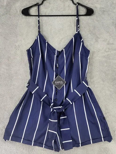 romper Zaful Romper Womens Medium Blue Striped Button Front Belted Sleeveless eBay - pappy-31444 $22.23