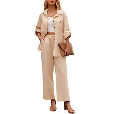 matching set Zeagoo Women's 2 Piece Linen Button Down Shirt and Drawstring Pants Set Target $29.99