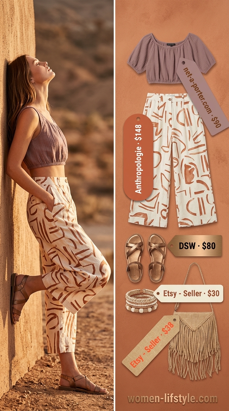 Terracotta linen culottes outfit for women 2026: ivory crop top, fringed bag, block heels.