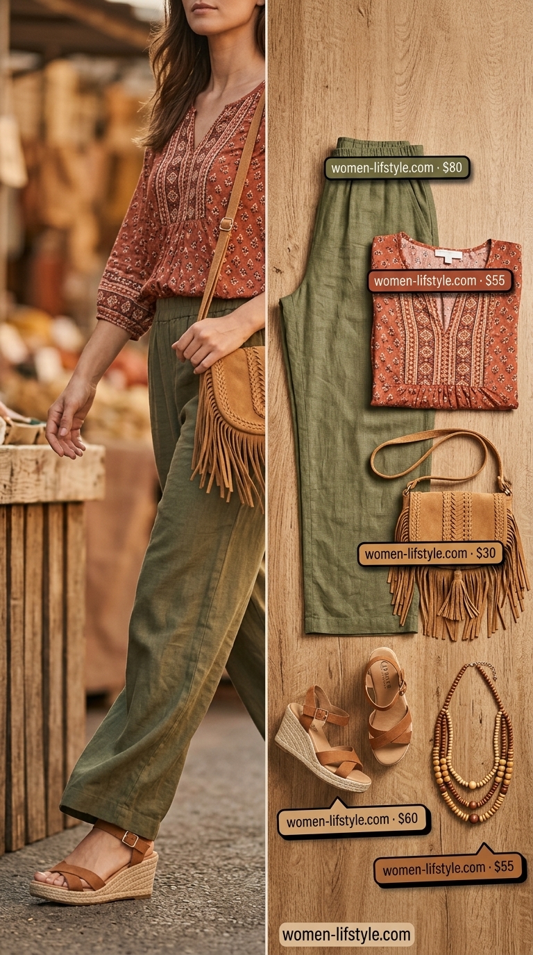 Olive green relaxed summer linen pants for women 2026 paired with a flowy peasant blouse and espadrille wedges for a boho look.