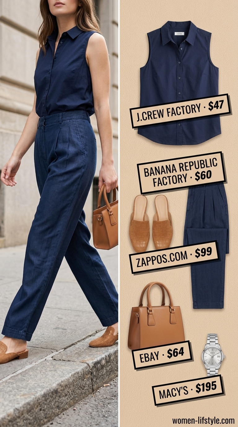 Navy linen pants outfit for women 2026: High-waisted navy linen pants, white blouse, tan bag for city sightseeing.