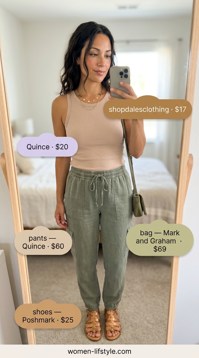 Olive green linen pants outfit for women 2026: Relaxed cargo linen pants, sand tank top, raffia bag for desert adventures.