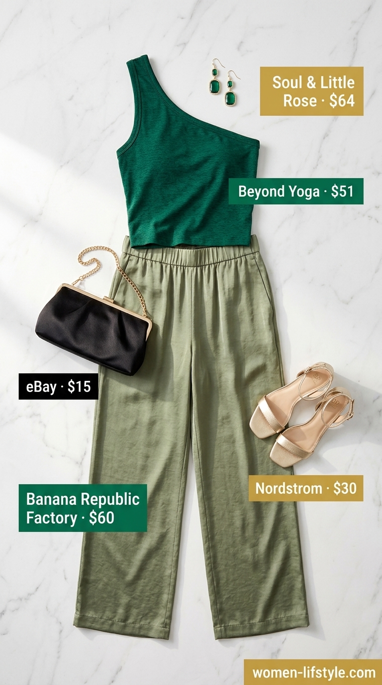 Emerald green linen pants outfit for women 2026: Wide-leg satin linen pants, black tank, gold sandals for resort dinner.