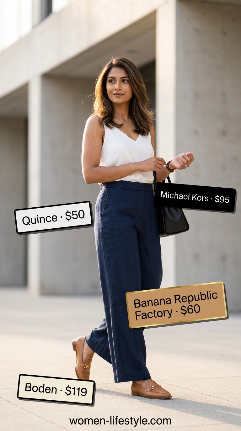 Navy relaxed summer linen pants for women 2026 styled with a silk camisole and leather loafers for a polished office look.