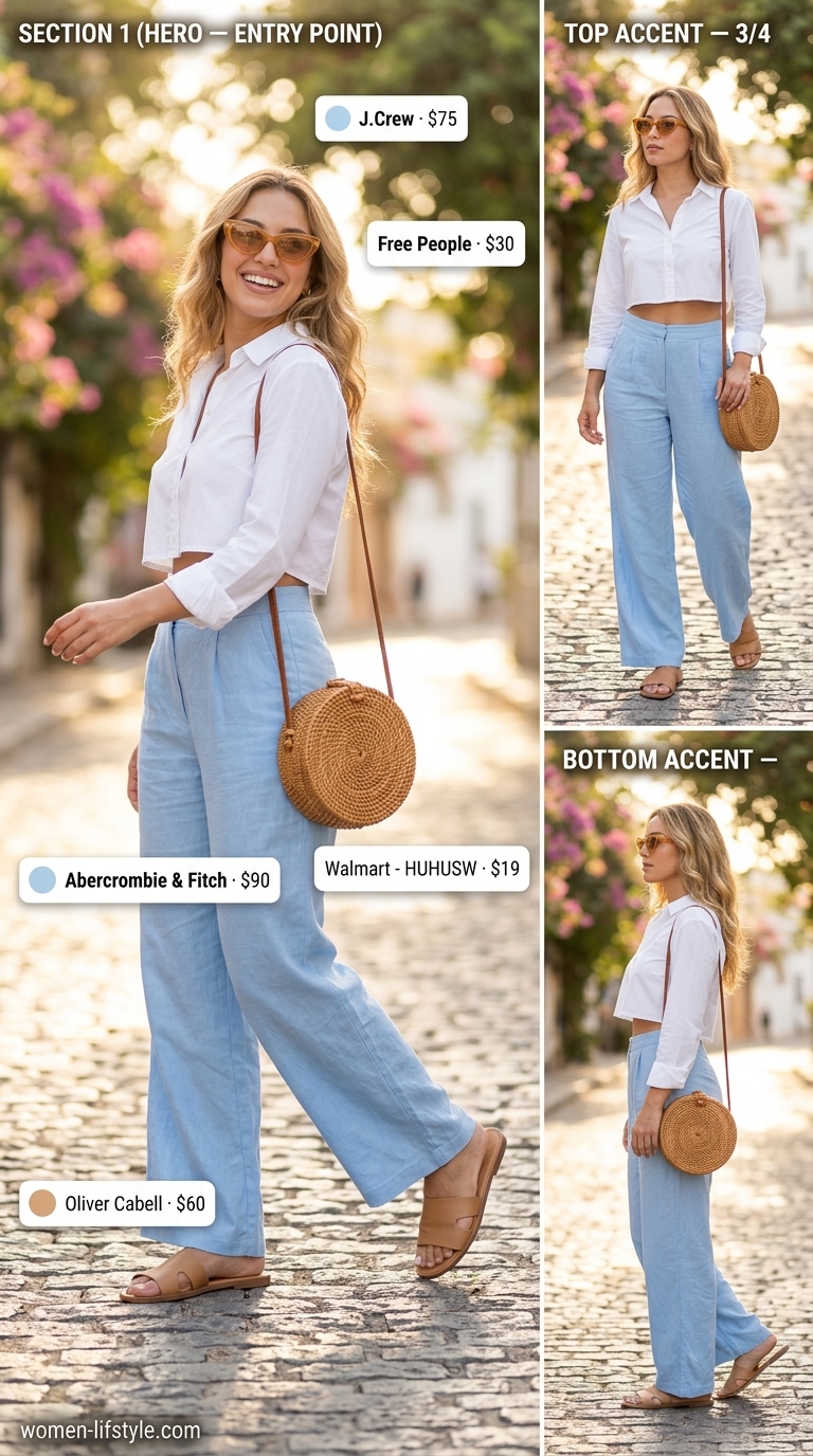 Sky blue stripe linen pants outfit for women 2026: Wide-leg stripe linen pants, white crop shirt, straw bag for market.