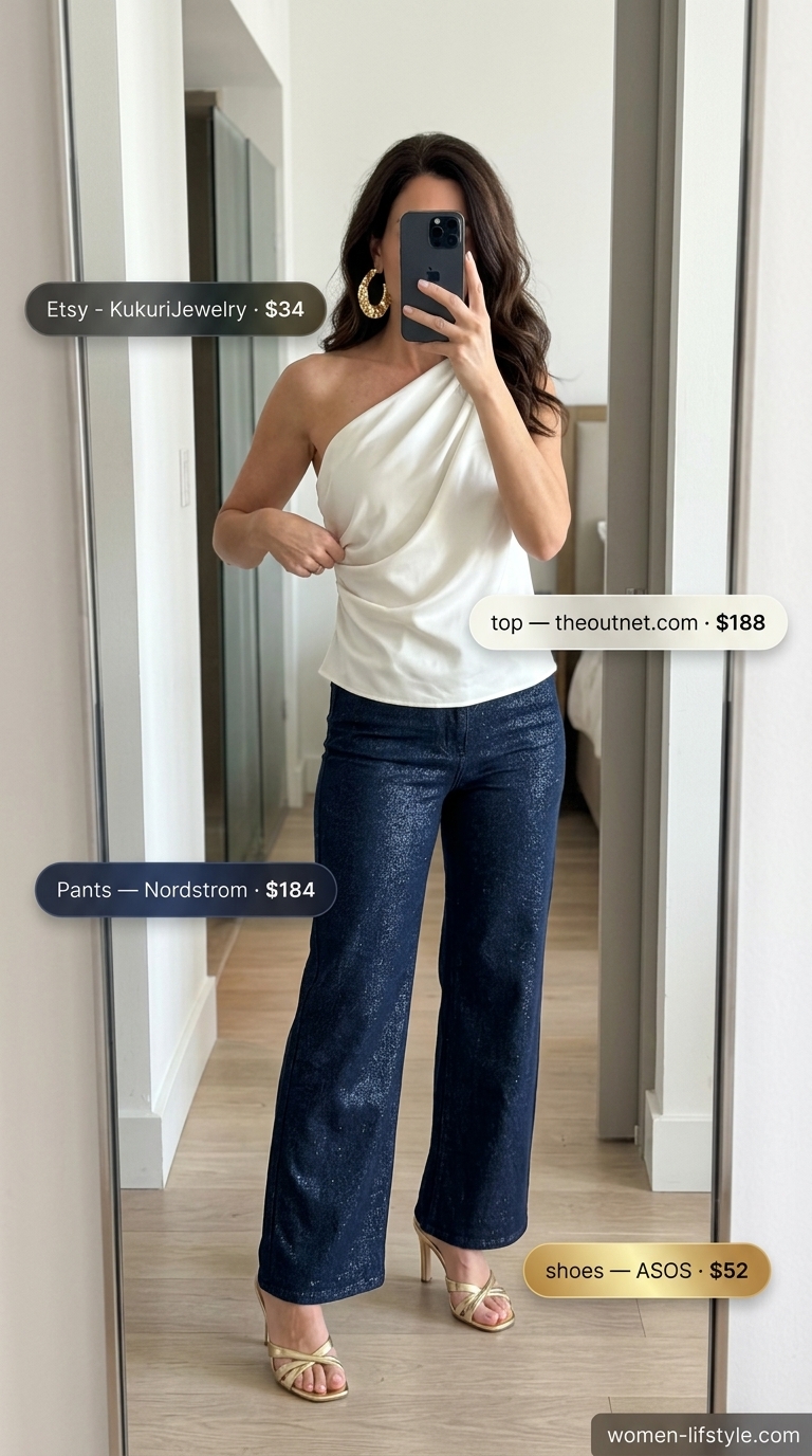 Navy linen pants outfit for women 2026: wide leg with lurex, ivory one-shoulder top, gold mules.