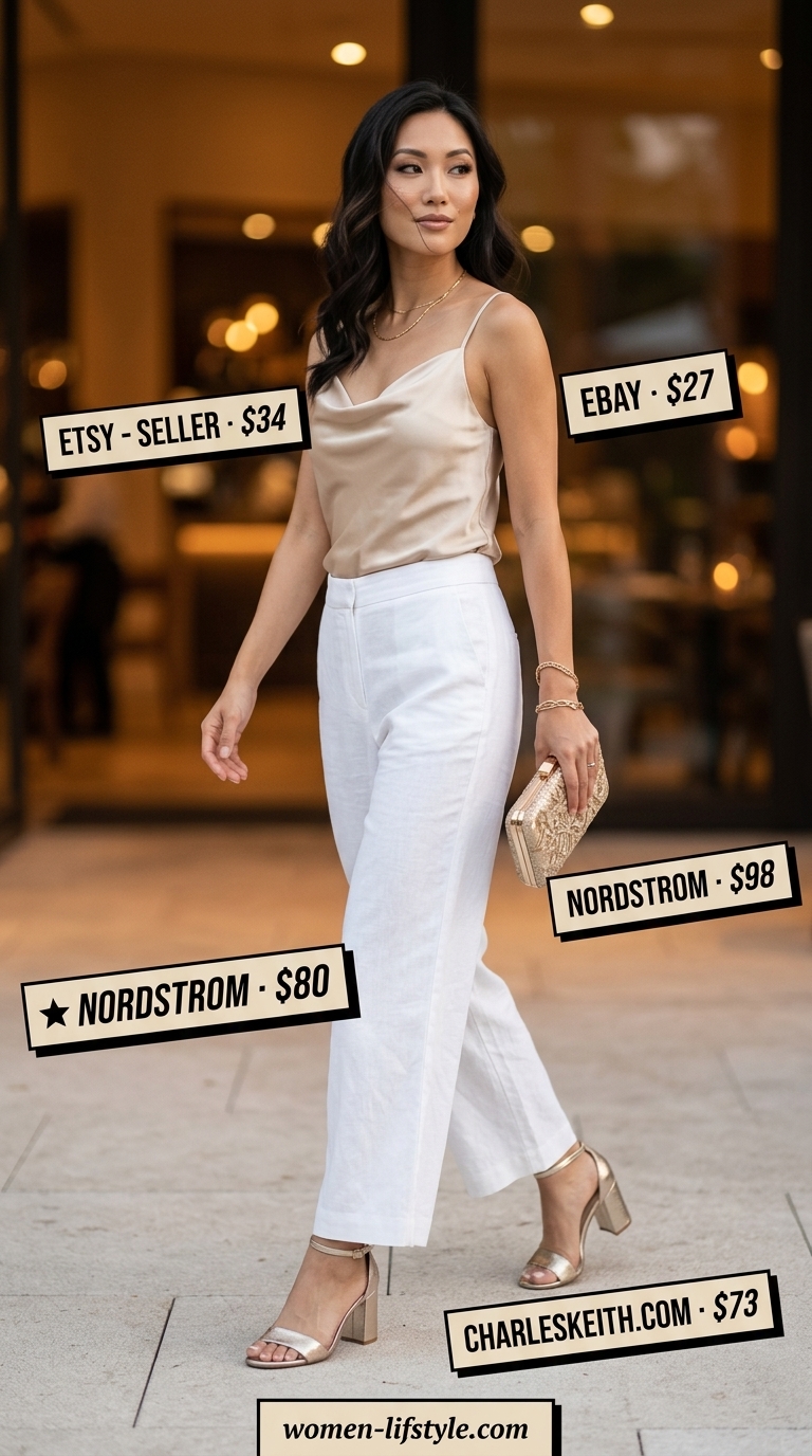 White relaxed summer linen pants for women 2026 styled with a satin camisole and metallic sandals for resort glamour.