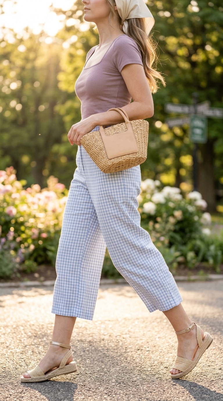 Blue gingham linen pants outfit for women 2026: culottes, white knit top, straw bag, espadrilles.