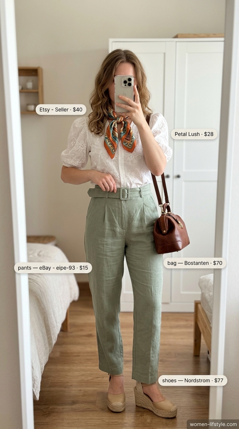 Sage green linen pants outfit for women 2026: Pleated linen pants, floral blouse, espadrille wedges for retro picnic.