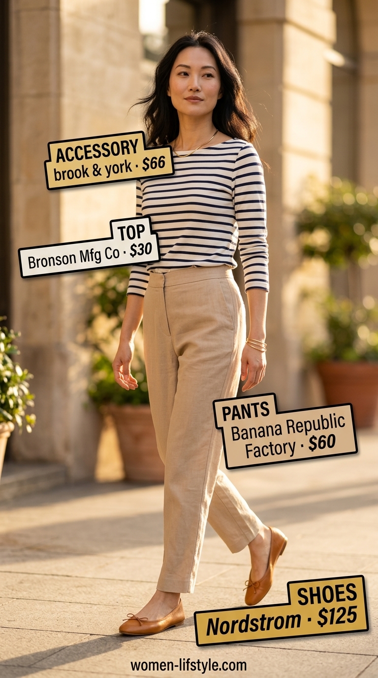 Beige relaxed summer linen pants for women 2026 styled with a Breton stripe top and red crossbody bag for chic sightseeing.