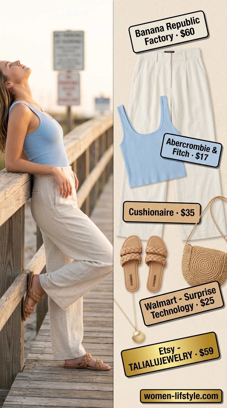 Ecru relaxed summer linen pants for women 2026 styled with a sky blue tank and slide sandals for a serene beach look.