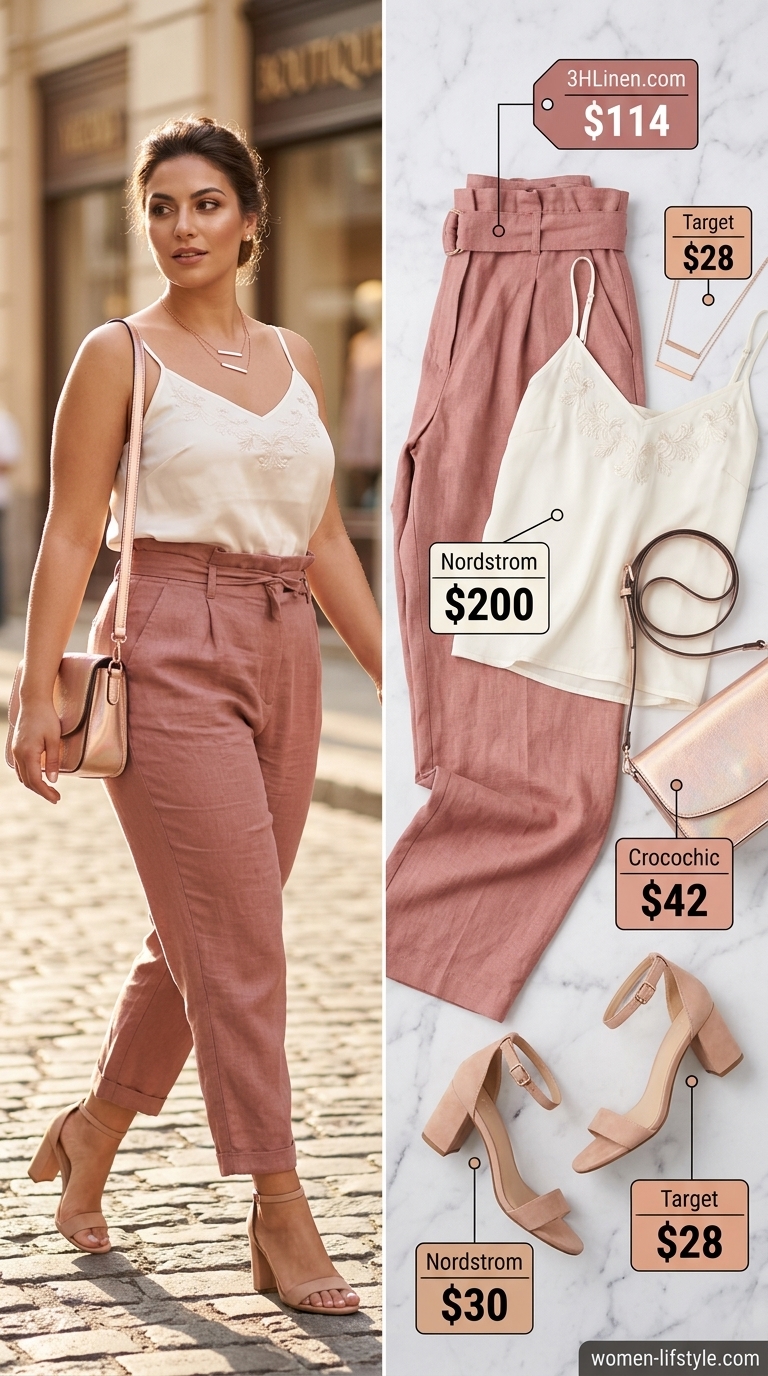 Blush pink linen pants outfit for women 2026: High-waisted paperbag linen pants, silk cami, rose gold bag for date night.
