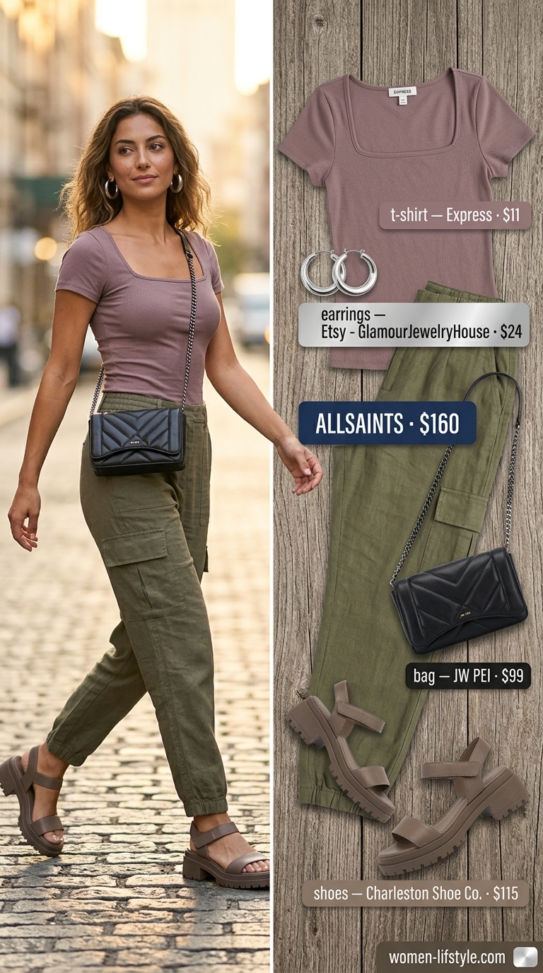 Olive green cargo linen pants outfit for women 2026: black top, platform sandals, crossbody bag.