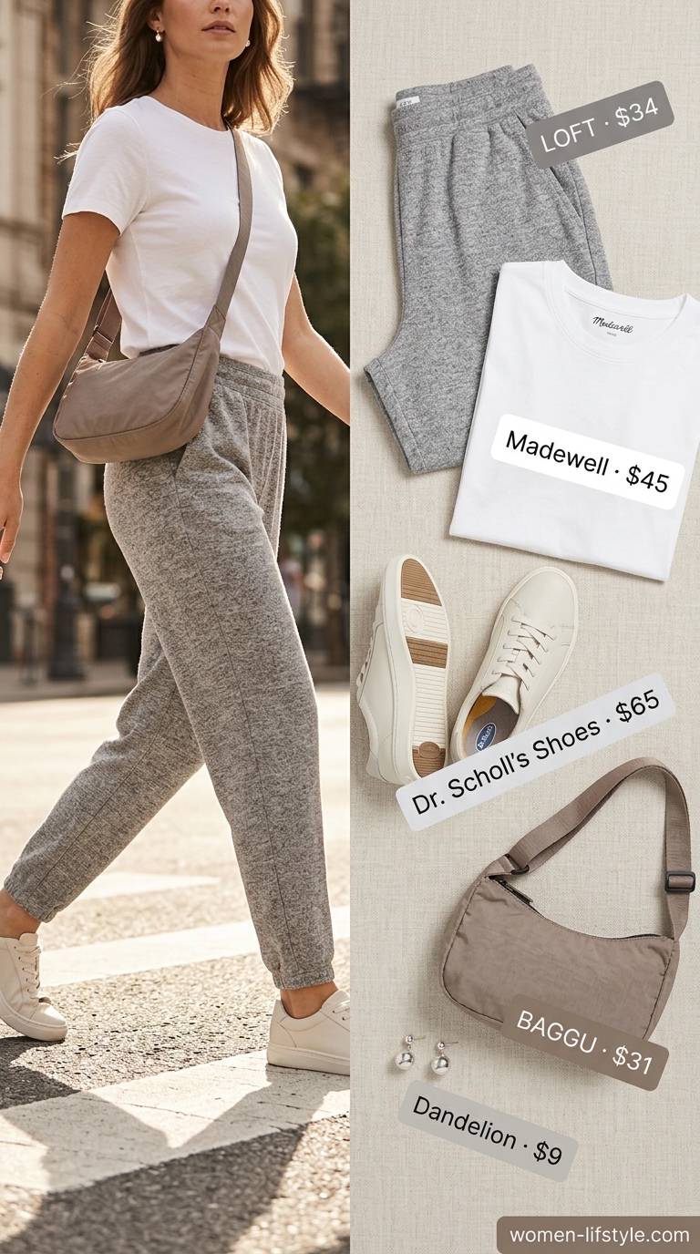 Heather grey linen joggers outfit for women 2026: Relaxed linen joggers, white tee, white sneakers for weekend comfort.