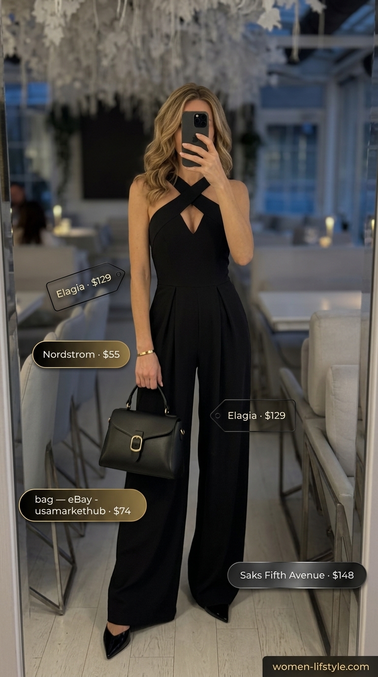 Chic black jumpsuit for summer restaurant dinner outfits for women 2026. Trendy evening look with emerald green statement earrings.