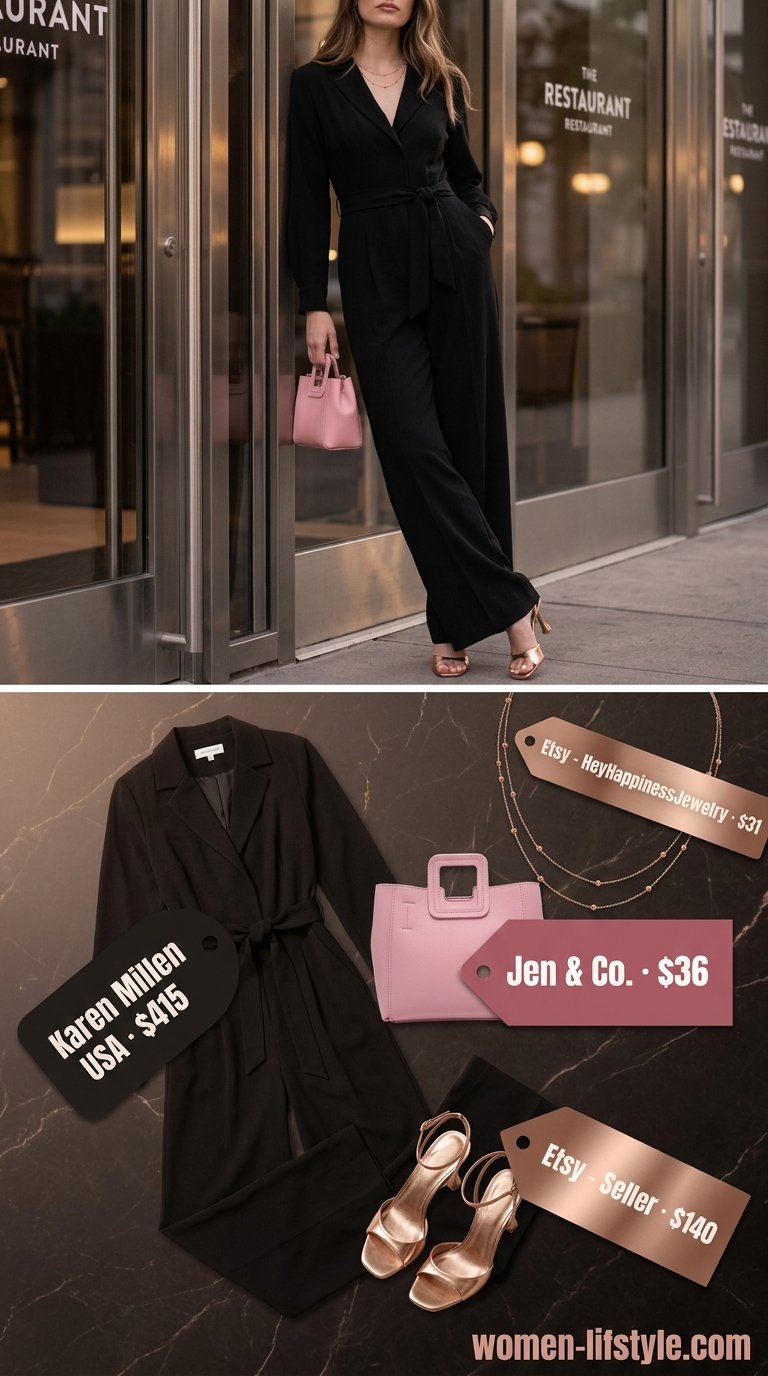 Black tailored jumpsuit for summer restaurant dinner outfits for women 2026. Sleek formal evening look with rose gold jewelry.