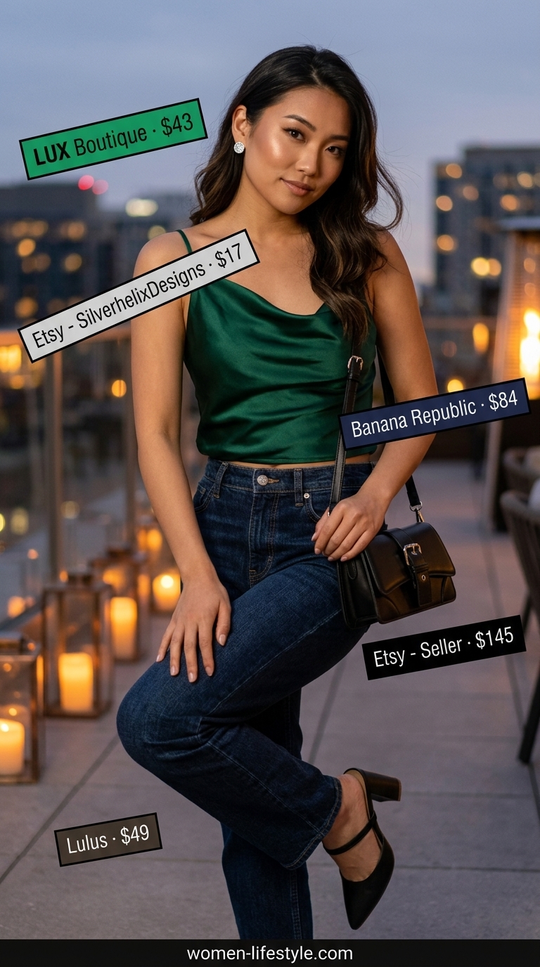 Emerald green satin camisole for summer restaurant dinner outfits for women 2026. Edgy smart casual look with dark denim jeans.