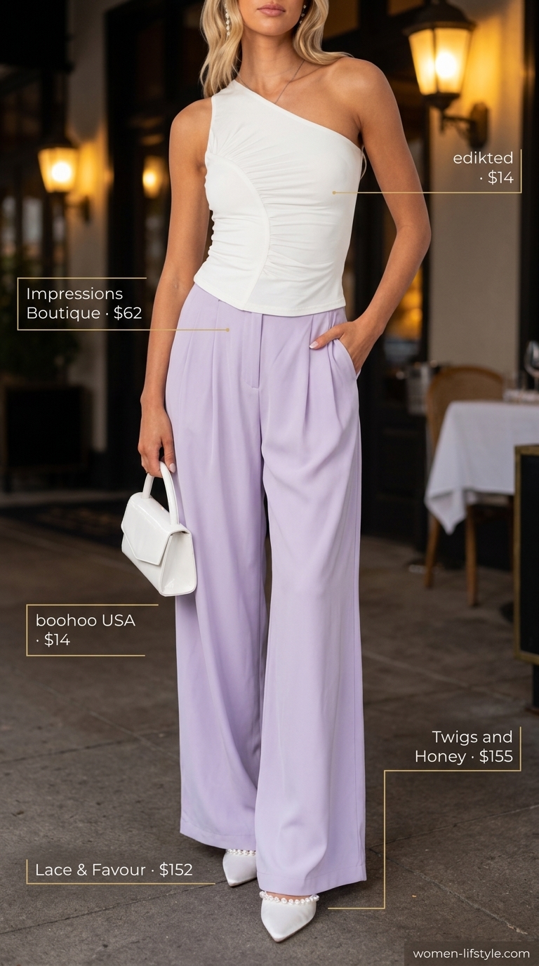 Lavender wide-leg trousers for summer restaurant dinner outfits for women 2026. Elegant fine dining look with one-shoulder top.