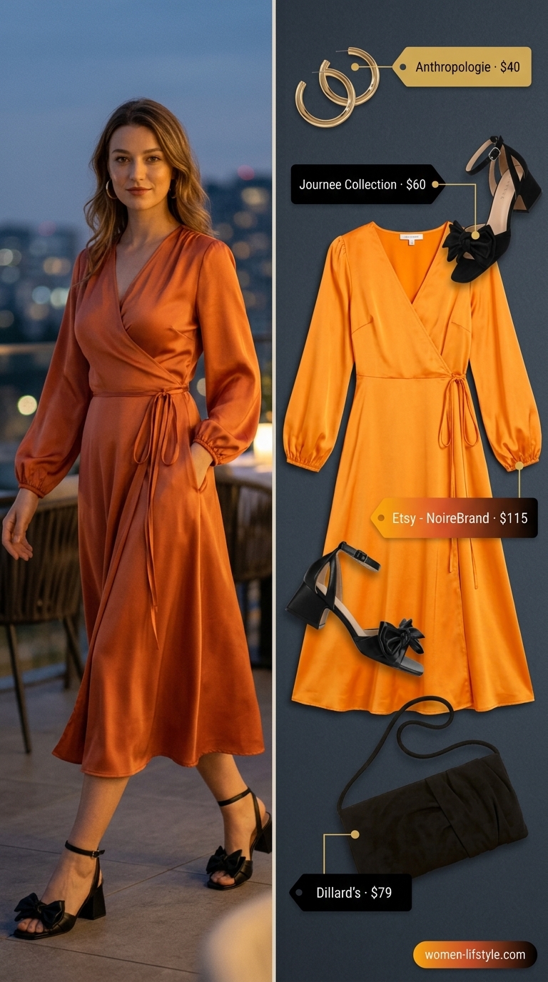 Mango orange satin midi dress for summer restaurant dinner outfits for women 2026. Sophisticated date night look with block heels.