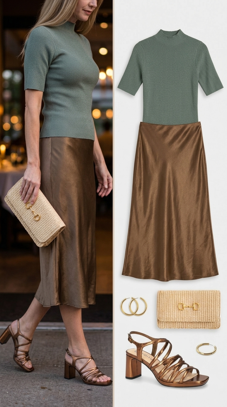 Olive green satin midi skirt for summer restaurant dinner outfits for women 2026. Modern casual upscale look with ribbed top.