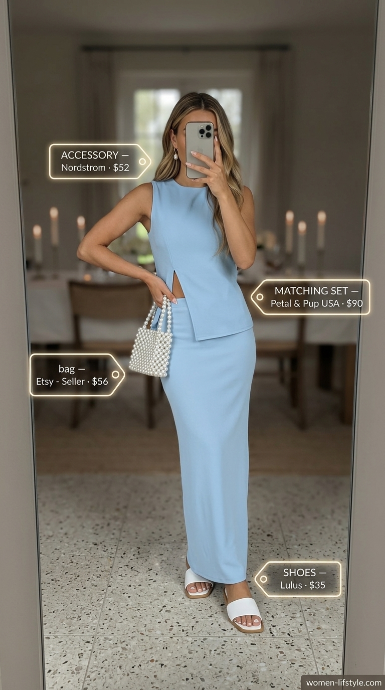Sky blue linen matching set for summer restaurant dinner outfits for women 2026. Effortless outdoor dining look with straw bag.