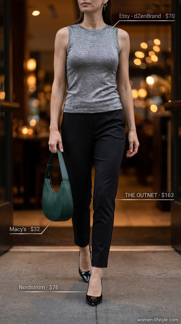 Restaurant dinner outfit summer for women 2026: Black trousers, metallic top, and emerald bag for a city dinner.