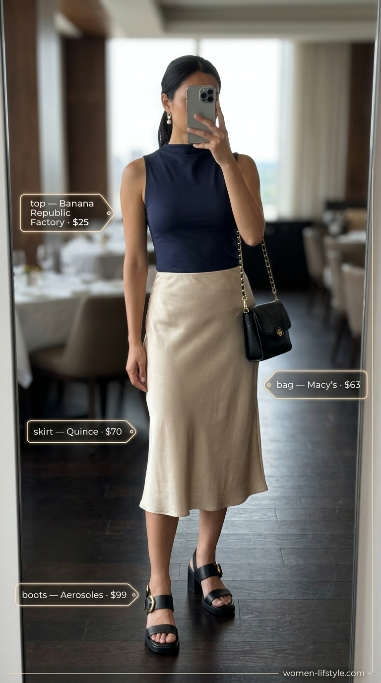 Champagne slip skirt outfit for women's summer restaurant dinner outfits 2026. Elegant bistro style.